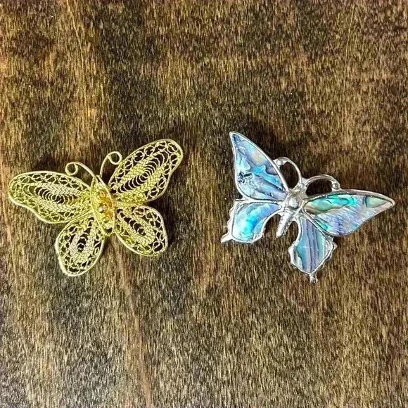 Butterfly Brooches Delicate gold tone and Abalone silver tone - Picture 2 of 10
